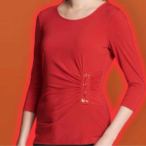 Calvin Klein ‘3/4 Sleeve Ruched Lace Up Detail Pullover Blouse’ Coral Red Size S - Picture 3 of 15